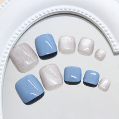 YICKYUE  -  24pcs Summer Blue False Toenails Shiny Powder Cat Eye Fake Toenails Tips Wearable Detachable Spice Girl Press on Toe nails
