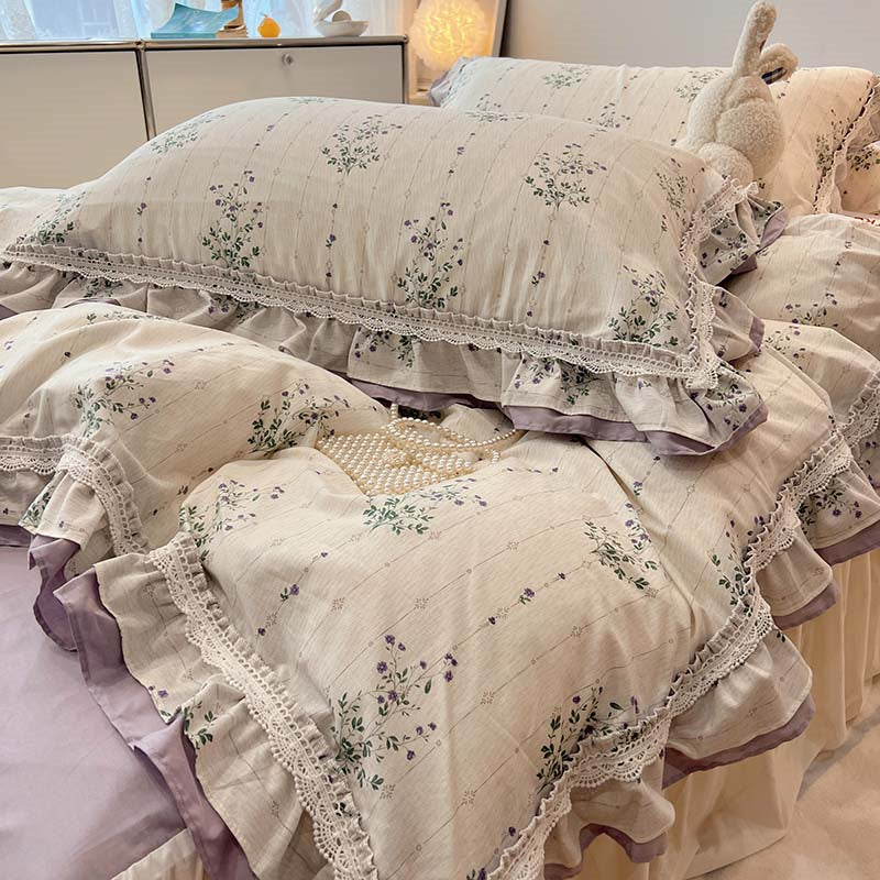 YICKYUE  -  Double Layer Lace Ruffles Pure Cotton Bedding Set Lavender Floral Duvet Cover Set Bed Skirt/Flat Sheet/Fitted Sheet Pillowcases