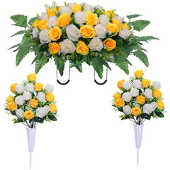 YICKYUE  -  3pcs Elegant Red & White Rose Artificial Flower Arrangements - Ideal for Graveyard Memorials, Home & Outdoor Decor, Farewell Tributes, Farewell Tribute Decor | Elegant Flower Arrangement | Durable Fabric Flowers,