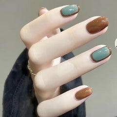 YICKYUE  -  10 pcs Handmade Fake Nail Short Style Retro Brown Detachable False Nails Tips Reusable Press On Nails Coffin Manicure Art