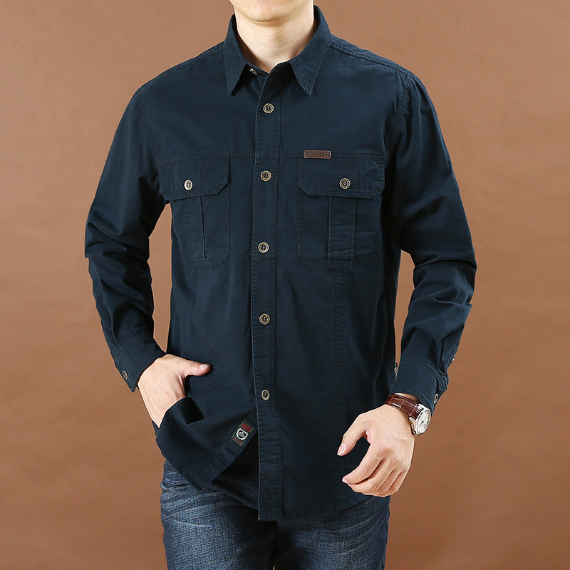 Hearujoy Vintage Men's 100% Cotton Shirt Safari Style Multi-pocket Lapel Top Spring Autumn Long Sleeve Youth Loose Shirts Plus Size M-6XL