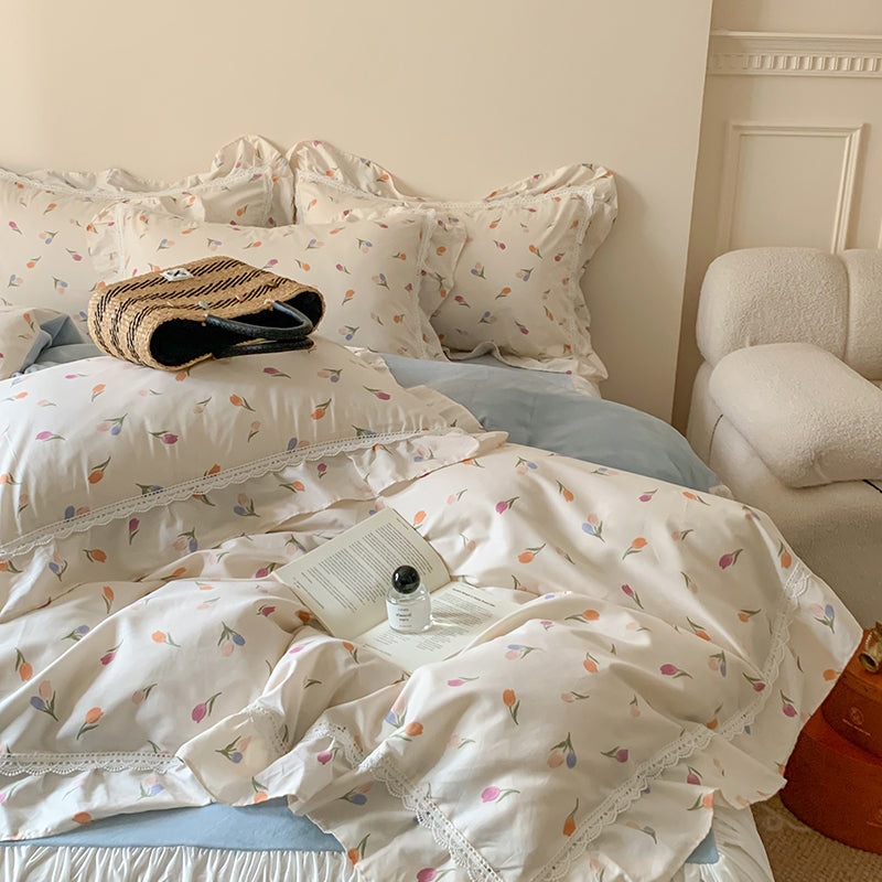 YICKYUE  -  Korean Style Lace Ruffles Floral Cotton Velvet Patchwork Duvet Cover Set Bed Sheet Or Bed Skirt Pillowcase Princess Bedding Set