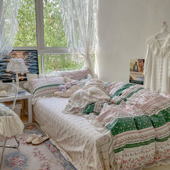 Yickyue Retro Mori Girlish Heart Cotton Four-Piece Cotton Quilt Cover Bed Sheet Fitted Sheet 1.5/1.8 M Bedding