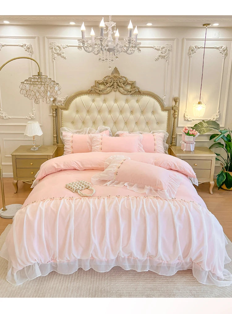 YICKYUE  -  Ruffles Lace Bedding Set for Girls, Duvet Cover Set, Soft Polyester Fabric, Queen Size, Bedroom Decor, Room Decor, 4Pcs