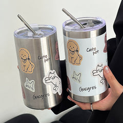 YICKYUE  -  304 Stainless Steelvacuum Flasks Cats Dogs New Straw Cup Home Large Capacity Office Coffee Car Girl Boy Drinking Cups Gift