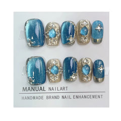 YICKYUE  -  10Pcs Square Head Press On Nails Blue Cat Eye Handmade Fake Nails Shiny Gold Edge Artificial Art Manicure Full Cover Nail Tips