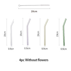MDZF SWEETHOME 4pc Glass Flower Straw With Cleaning Brush Reuse Mason Cup Cocktail Straw Tea Curved Straw Bar Accessories