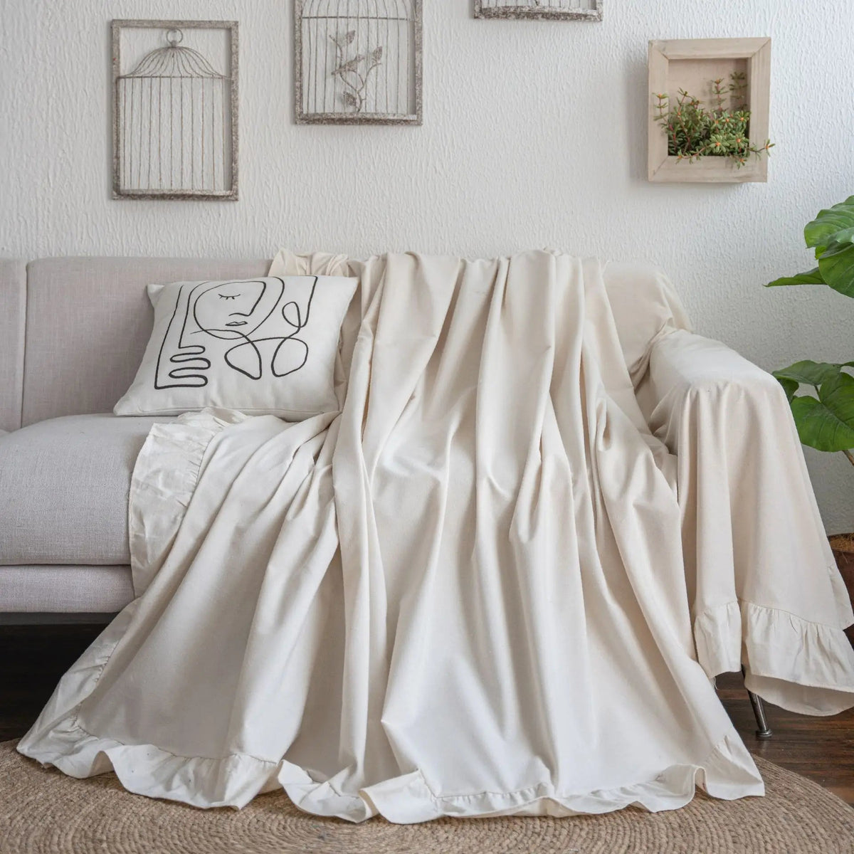 YICKYUE  -  Ruffles Sofa Towel Multi-functional Cover Polyester Hemp Printing Pastoral Pleat Thick Plain Retro Couch Cover Home Decorate