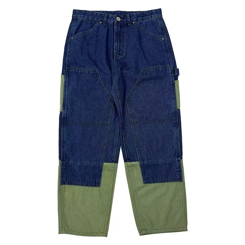 Hearujoy High Street Patchwork Jeans Men Loose Multi Pocket Cargo Pants Spring Autumn Fashion Vintage Straight Denim Trousers Streetwear