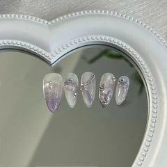YICKYUE  -  Handmade Press on Nails Purple Fake Nails with Butterfly Sparkling False Nails Sweet Acrylic Full Cover Almond Nails