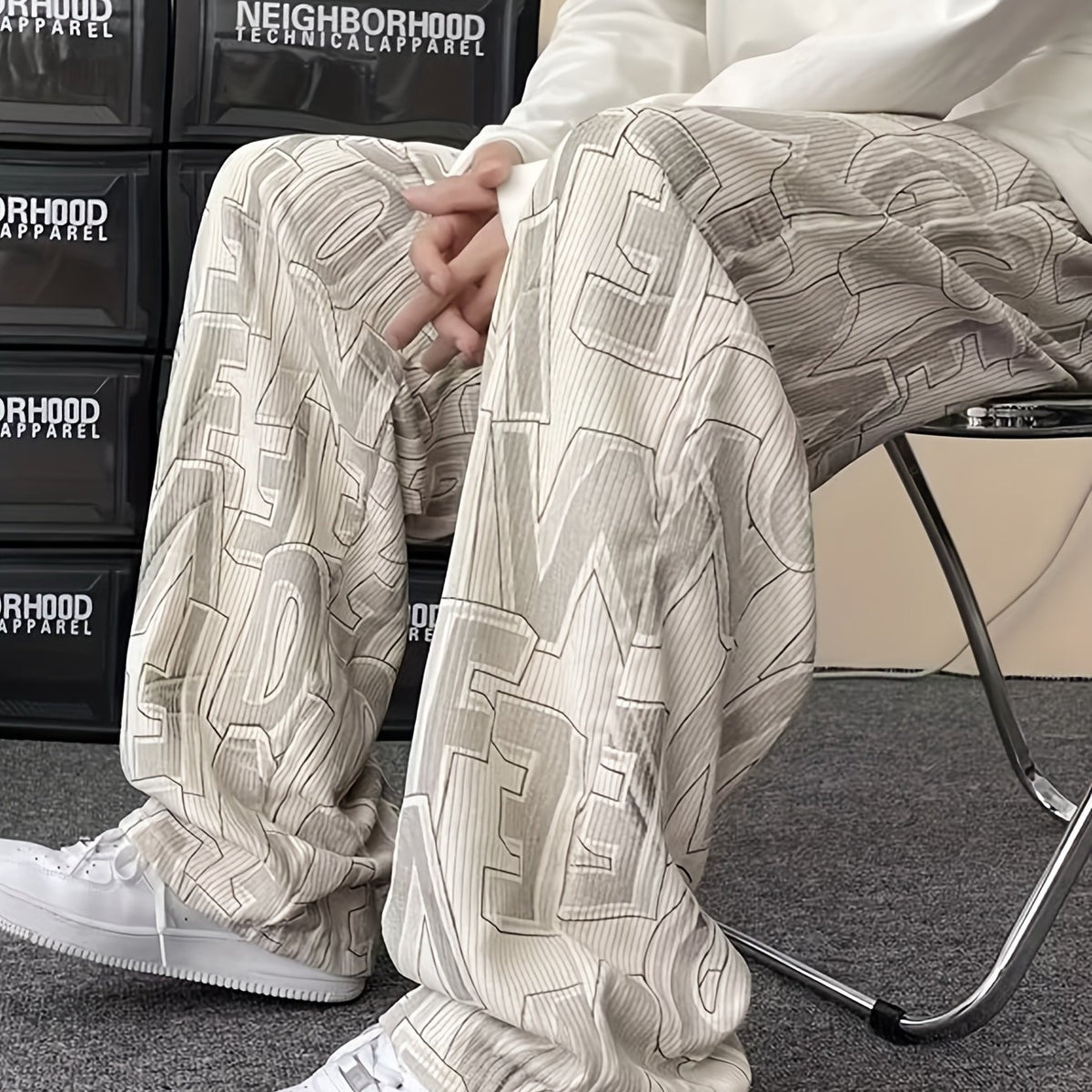 Hearujoy Men's Trendy Light Gray Corduroy Wide-Leg Pants - Casual Loose Fit with Abstract Print, Drawstring Waist, Machine Washable for Fall/Winter, Casual Wear Pants|Trendy Wideleg Pants|Corduroy Fabric, Plus Size Pants