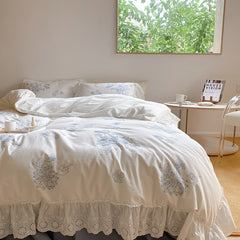 Yickyue French-style Hollow Lace Embroidery Washed Cotton Bedding Set Princess Style Flat sheet/Bed Skirt(1.5/1.8/2.0m Size,4pcs,White)