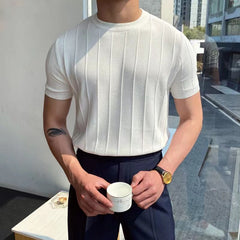 Hearujoy Summer Men Knit Ice silk T shirts High Quality Solid Color Stripe Short sleeve O-neck Tee Tops Mens Thin Slim Fit T-Shirts