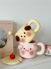 YICKYUE  -  Cartoon Cute Piggy Mug Stereo Puppy Ears Milk Cup with Fresh Ins Style Office Lid Spoon Ceramic Coffee Cup