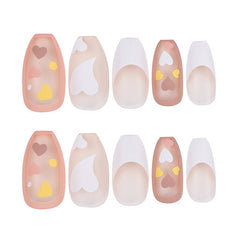 24pcs Peach pink Princess French Style Heart Decor Waterproof Girls Wearable Detachable Finished Fake Nails wih Glue for girls