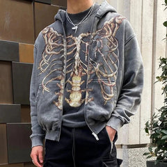 Hearujoy  90s Streetwear Men Hoodie Y2k Skull Korean Harajuku Y2k Zip Up Texture Hooded Sweatshirt Casual Fashion Long Sleeve Vintage Pocket Sweatshirt