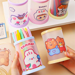 1pc Kawaii Cartoon Pen Holder Frosted Plastic Round Pencil Makeup Brush Storage Bucket Cute Desktop Organize Stationery