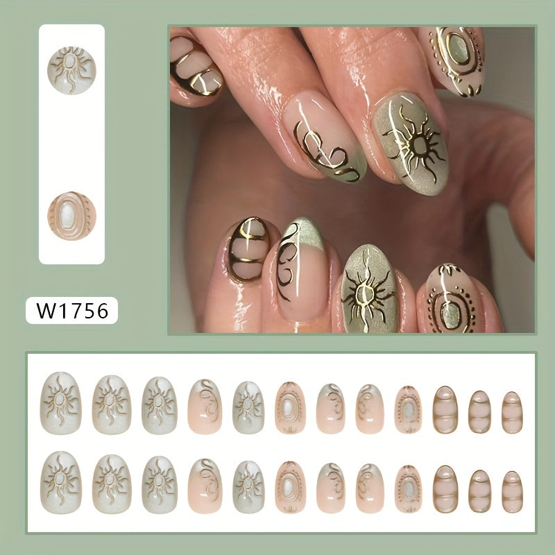 YICKYUE  -  Glossy 24-Piece Short Oval Press-On Nails - Green Tone with Intricate Sun & Cat Eye Design, Removable Nail Art Set