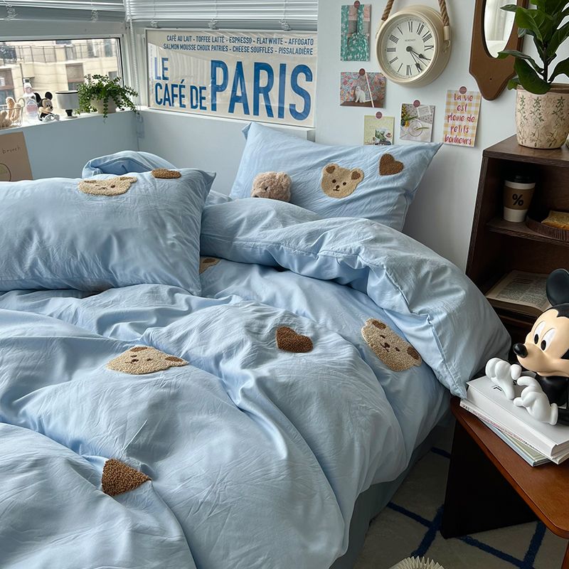 YICKYUE  -  White Green Bear Bedding Set Duvet Cover Queen Full Twin Size Bed Flat Sheet Kids Girls Room Decor Quilt Cover Pillowcase Kawaii