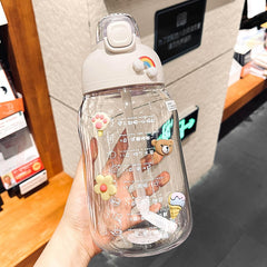 1200ml Kawaii Jumbo Water Bottle With 3D Sticker Straw For Children Adults Plastic Sport Shaker Cute Juice Drink Bottle BPA Free