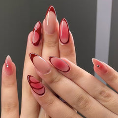 YICKYUE  -  24pcs medium long almond nail fake nails, red stripe flash drill blonds bright face fake nails, white full cover fake nails, 202