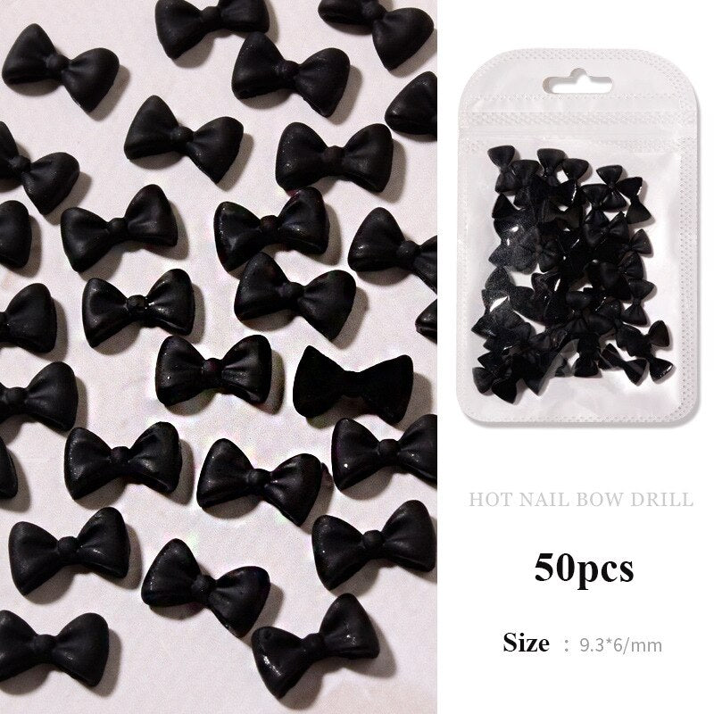50pcs Black White Bow Resin Nail Art Decorations 3D Bowknot Nail Charm Ornament Jewelry DIY Manicure Design Classic Accessories