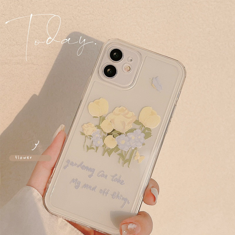 Oil painting roses flower silicone clear cute phone case for iphone 7 8 plus x xr xs max 11 12 mini pro max cover capa shell