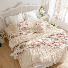 Top Romantic Bedding set 100% cotton rose print linen set Princess bedding set queen Duvet cover lace design bedroom set sheet