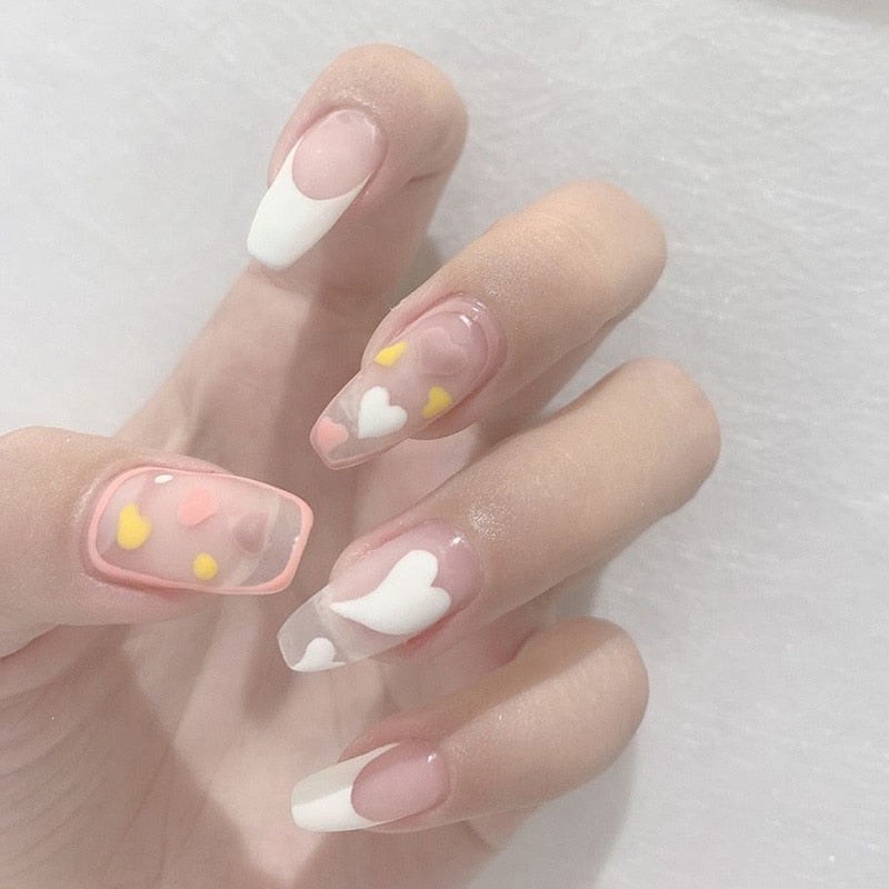 24pcs Peach pink Princess French Style Heart Decor Waterproof Girls Wearable Detachable Finished Fake Nails wih Glue for girls