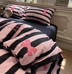 YICKYUE  Modern sweet cool stripes letter bedding set,twin full queen black pink cotton home textile bed sheet pillow case quilt cover