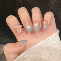 YICKYUE  -  10pcs Handmade Pink Bow Decor Press on Nails Gradient Pink Blue Fake Nails Full Cover Wearable Korean Sweet False Nail Tips