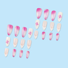 YICKYUE  -  24pcs Long Almond Fake Nails Press On Acyrlic Nails Wearable White French False Nails with 3D Purple Crystal Flower Decoration