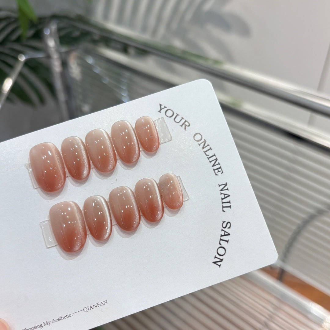 YICKYUE -  10Pcs Sweet Handmade Press on Nails LightPink Cat Eyes Oval Fake Nails Cute Rhinestone Design Fake Nails Wearable Manicure