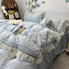 YICKYUE  -  4PCS Princess Bedding Set Lace Ruffles Skin-Friendly Quilt Cover Skirt Bed Sheet Set 2 Pillowcases Queen Size For Girls Women
