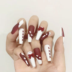 24pcs Long Coffin False Nails Wearable Bow Matte Full Cover Fake Nails Press On Nails Red Graffiti Supplies Artificial Nail Tip