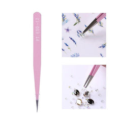 1pc 2 heads Straight Nail Tweezers with Silicone Pressing Head for 3D Sticker Rhinestones Water Sticker Picker Metal Nails Tools