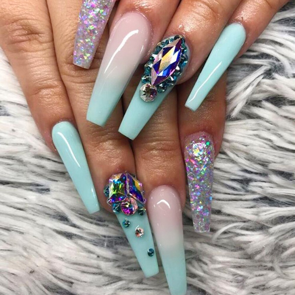 24P Glitter Diamond Artificial Fingernail Long Coffin Nail Press on Nails Supplies Professionals Fake Nails Tips Accessories Art