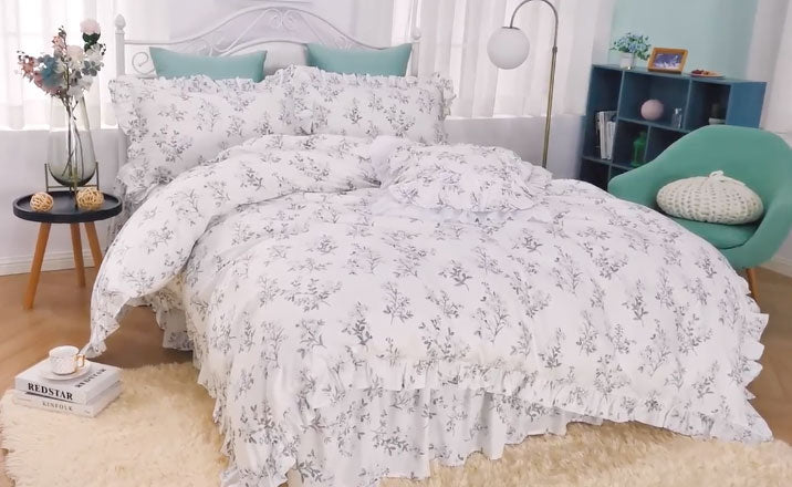 YICKYUE  -  Elegant flower ruffle bedding set,twin full queen king fresh pastoral floral cotton bedclothes bed dress pillow case quilt cover