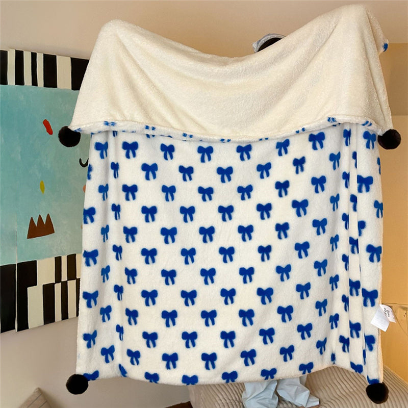 YICKYUE  -  Cute Plush Blanket Winter Thickened Warm Double-sided Portable Bowknot Blanket Single and Double Car Sofa Blanket Soft Bedding