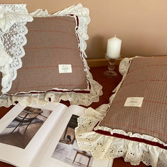 Yickyue Korean Princess Pure Cotton Yarn Bedding Set with Lace Edge Winter Thickened Warm Plaid Ruffled Edge Duvet Cover Sets Soft 4pcs