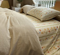YICKYUE  -  Fashion cute khaki solid floral plaid  bedding set,twin full queen king cotton home textile bed sheet pillow case quilt cover