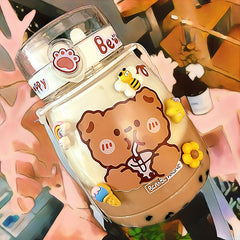 Kawaii Jumbo Bear Water Bottle For Children Girl School Cute Plastic Travel Milk Tea Juice Portable Gourd With Straw 3D Sticker