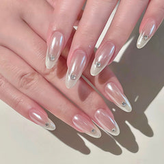 YICKYUE  -  10pcs Handmade Oval Press On Nails Aurora French False Nails White Edge Rhinestone Design Nails Art Full Cover Wearable Manicure