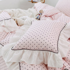 Yickyue Luxury Princess Style 100% Cotton Bedding set Ruffles Duvet Cover Black Dot Flat Pillowcases 4pcs For Girls Bed Set