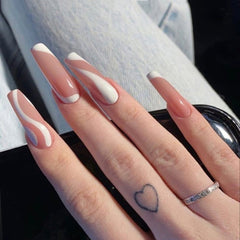 24 Pcs French Ballet White Line False Nails Fashion Geometric Coffin Press On Nails Flame Rose Pattern Nail Art Manicure Tools