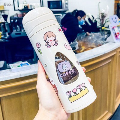 Yickyue Ins Kawaii Bear Sticker Bottle Portable Transparent Double Layer Glass Water Bottle Office Tea Cup Anti-scalding Silicone Sleeve