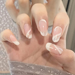 24Pcs French Almond Electrocardiogram Fake Nails Simple Heart Nails Ladies Press On Designed False Nails Tips Full Cover Nail