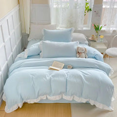 Yickyue Korean Princess Style Duvet Cover Set No Filling Pink Blue Soft Washed Cotton Girls Favorite Ruffles Bed Linen Pillowcases