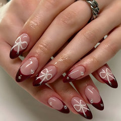 YICKYUE   -  24pcs Red French Fake Nails with White Bow Decor Sweet Girls False Nail Tips Wearable Full Cover Ins Simple Almond Press on Nail