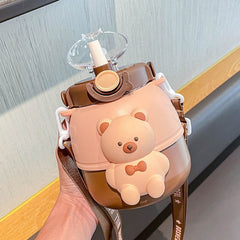 Yickyue Cute Bear Stainless Steel Thermos Water Bottle With Straw For Kids School Vacuum Thermal Insulation Cup Large Capacity Kettle